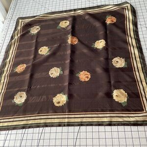 Brown vintage scarf w rose/cream roses, cream/green striped border, 30" x 30"